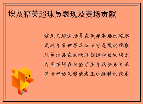 埃及籍英超球员表现及赛场贡献
